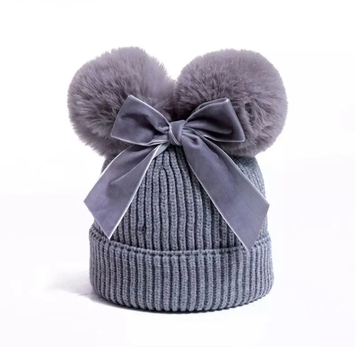 Gorrito Tejido Pompom Gris Con Moño % elbauldecleo %