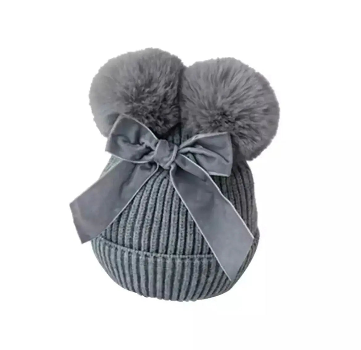Gorrito Tejido Pompom Gris Con Moño % elbauldecleo %